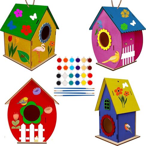ألعاب خشبية من Glintoper Art Craft للأطفال، مجموعة من 4 قطع من أدوات بيت الطيور DIY تجميع خشبي DIY، بناء وطلاء بيت الطيور، بما في ذلك الدهانات والفرش، والفنون الخشبية للفتيات والأولاد والأطفال الصغار in Kuwait