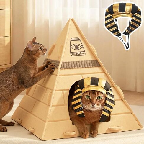 Cat House for Indoor Cats, Cozy Felt Cat Bed Cave, Scratch Resistant Cat Hideaway with Fun Pharaoh Headdress, 17x17x20 Inches in Kuwait