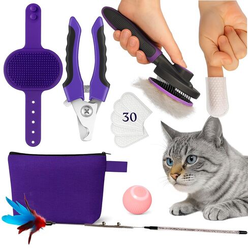 Cat Care Grooming Kit 6 in 1, Include: Nail Clipper, Brush for Shedding, Wand Toy, Interactive Ball Toy, Bath Brush, Ear Cleaner Finger Wipes (30ct.), Cat Grooming Supplies in Saudi Arabia