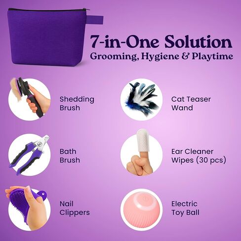 Cat Care Grooming Kit 6 in 1, Include: Nail Clipper, Brush for Shedding, Wand Toy, Interactive Ball Toy, Bath Brush, Ear Cleaner Finger Wipes (30ct.), Cat Grooming Supplies in Saudi Arabia
