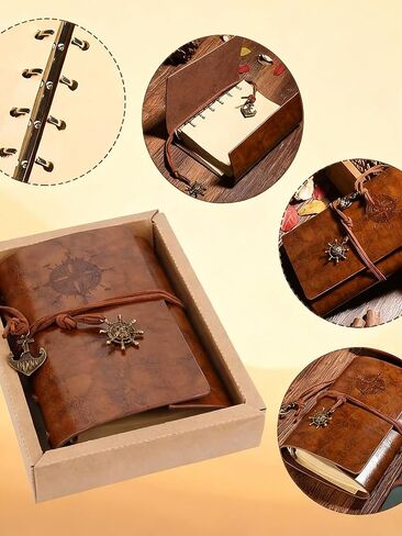 دفتر مذكرات جلدي قابل لإعادة الملء A7 مزود بحزام 100gsm 80 ورقة فارغة من ورق الكرافت طراز القرصان القديم للكتابة in Saudi Arabia