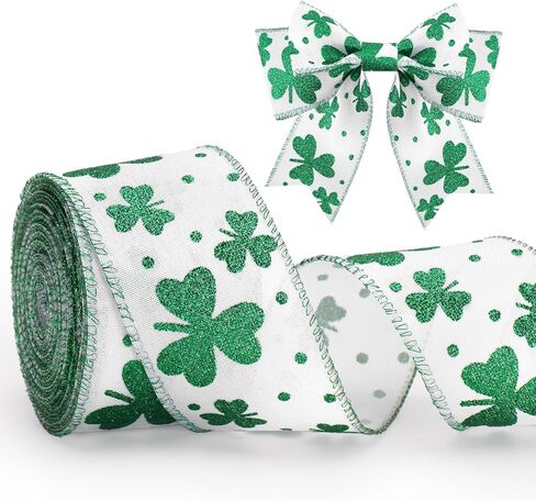 KINGLAKE St Patrick's Day Wired Ribbon - 2.5 Inch Glitter Green Shamrock Ribbon Wired for Wreaths Big Bows White Burlap Ribbons with Dots for Crafts Gift Wrapping St. Patrick's Day Decorations 11 Yds in Saudi Arabia