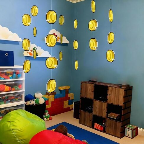 Epakh 24 Pcs Super Themed Party Decorations Hanging Birthday Party Decoration Gold Video Game Theme Ornaments Banners for Baby Shower Favors Super Game Room Home Supplies(Coin) in Saudi Arabia