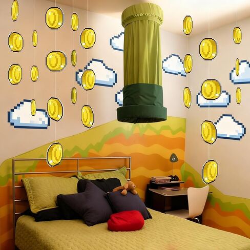 Epakh 24 Pcs Super Themed Party Decorations Hanging Birthday Party Decoration Gold Video Game Theme Ornaments Banners for Baby Shower Favors Super Game Room Home Supplies(Coin) in Saudi Arabia