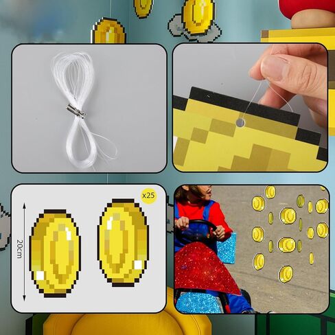 Epakh 24 Pcs Super Themed Party Decorations Hanging Birthday Party Decoration Gold Video Game Theme Ornaments Banners for Baby Shower Favors Super Game Room Home Supplies(Coin) in Saudi Arabia