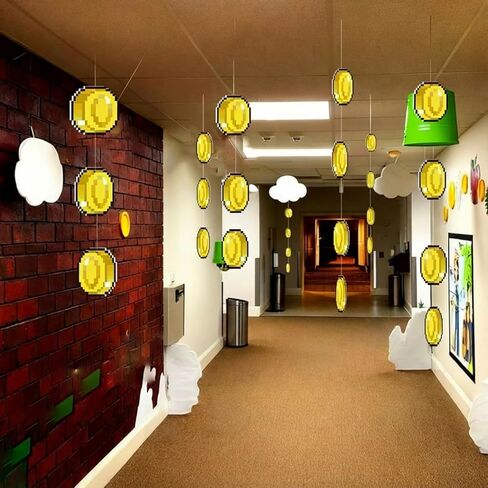 Epakh 24 Pcs Super Themed Party Decorations Hanging Birthday Party Decoration Gold Video Game Theme Ornaments Banners for Baby Shower Favors Super Game Room Home Supplies(Coin) in Saudi Arabia