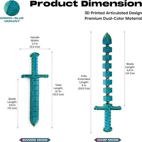 لعبة تململ سوط سيف صغيرة قابلة للتحويل مطبوعة ثلاثية الأبعاد من ديميلي (عبوة من قطعتين) - لعبة مكتب لتخفيف التوتر الحسي للبالغين والمراهقين، تململ مفصل مفصلي مع تصميم ثنائي الوضع (أخضر-أزرق وأرجواني-وردي) in Kuwait