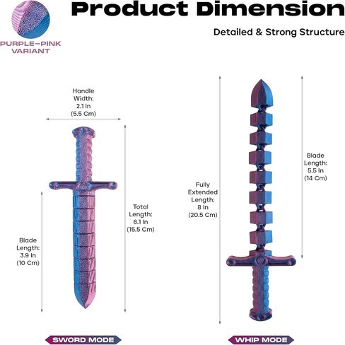 لعبة تململ سوط سيف صغيرة قابلة للتحويل مطبوعة ثلاثية الأبعاد من ديميلي (عبوة من قطعتين) - لعبة مكتب لتخفيف التوتر الحسي للبالغين والمراهقين، تململ مفصل مفصلي مع تصميم ثنائي الوضع (أخضر-أزرق وأرجواني-وردي) in Kuwait