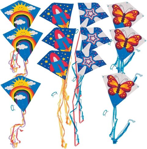 Assorted Flying Kite Pack by Fun Express - 28 x 28 with 54 in Tails - Assorted Styles and Colors - 200 feet of String with Handle - 12 Pieces in Saudi Arabia