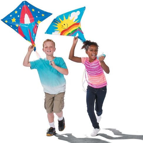Assorted Flying Kite Pack by Fun Express - 28 x 28 with 54 in Tails - Assorted Styles and Colors - 200 feet of String with Handle - 12 Pieces in Saudi Arabia