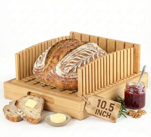 قطاعة خبز العجين المخمر للخبز محلي الصنع - دليل من الخيزران الفاخر بعرض 10.5 بوصة للأرغفة المستديرة الكبيرة والخبز الحرفي - هيكل نقر ثابت شديد التحمل مع صينية التقاط الفتات in Kuwait