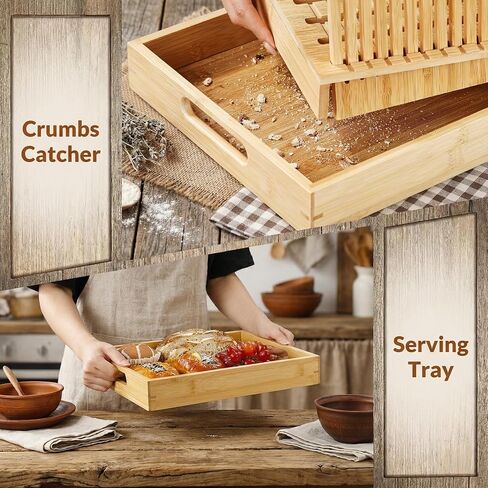 قطاعة خبز العجين المخمر للخبز محلي الصنع - دليل من الخيزران الفاخر بعرض 10.5 بوصة للأرغفة المستديرة الكبيرة والخبز الحرفي - هيكل نقر ثابت شديد التحمل مع صينية التقاط الفتات in Kuwait