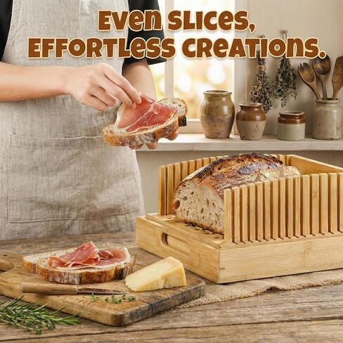 قطاعة خبز العجين المخمر للخبز محلي الصنع - دليل من الخيزران الفاخر بعرض 10.5 بوصة للأرغفة المستديرة الكبيرة والخبز الحرفي - هيكل نقر ثابت شديد التحمل مع صينية التقاط الفتات in Kuwait