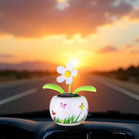 Solar Powered Dancing White Flower, Colorful Flip Flap Bobblehead, Sun Catcher for Car Dashboard, Window Decoration in Saudi Arabia