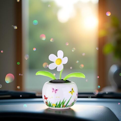Solar Powered Dancing White Flower, Colorful Flip Flap Bobblehead, Sun Catcher for Car Dashboard, Window Decoration in Saudi Arabia