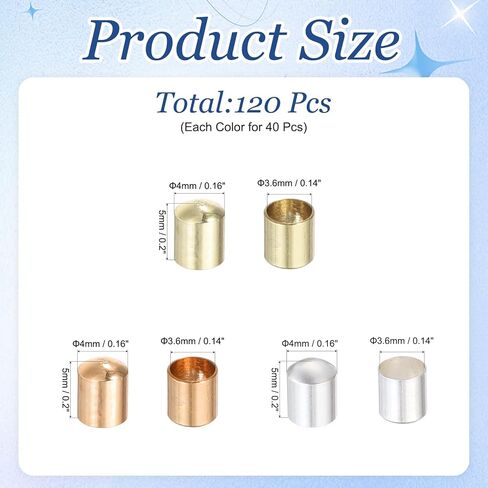 MECCANIXITY 120Pcs Leather Cord Ends Caps, Column End Caps 3.6mm ID Cord Terminators 14K Gold, Silver, Rose Gold Plated Brass for DIY Jewelry Making Findings Bracelet Necklace in Saudi Arabia