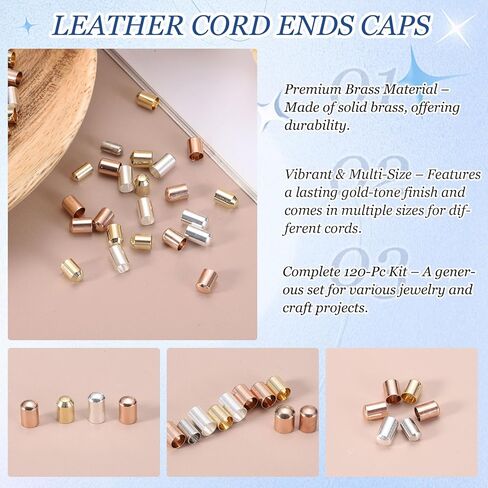 MECCANIXITY 120Pcs Leather Cord Ends Caps, Column End Caps 3.6mm ID Cord Terminators 14K Gold, Silver, Rose Gold Plated Brass for DIY Jewelry Making Findings Bracelet Necklace in Saudi Arabia