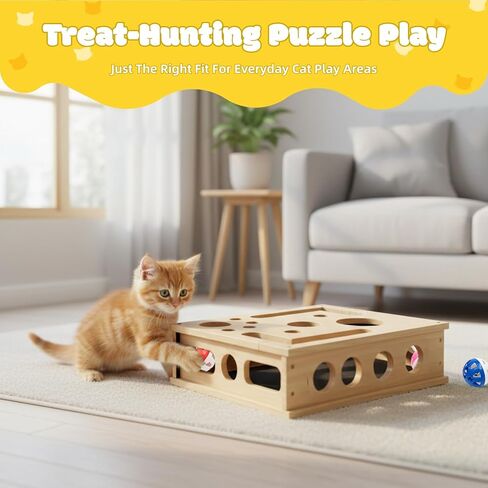 صندوق إثراء مبرد أظافر القطط - لعبة خشبية للخدش والألغاز مع 3 كرات جرس، ووسادة من ورق الصنفرة لطحن مخالب القطط في الأماكن المغلقة، والتحفيز الذهني وتخفيف الملل in Kuwait