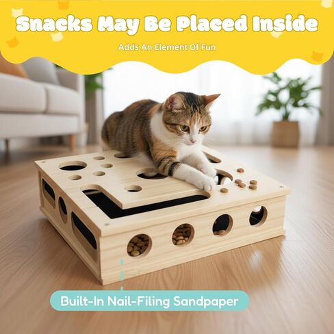 صندوق إثراء مبرد أظافر القطط - لعبة خشبية للخدش والألغاز مع 3 كرات جرس، ووسادة من ورق الصنفرة لطحن مخالب القطط في الأماكن المغلقة، والتحفيز الذهني وتخفيف الملل in Kuwait