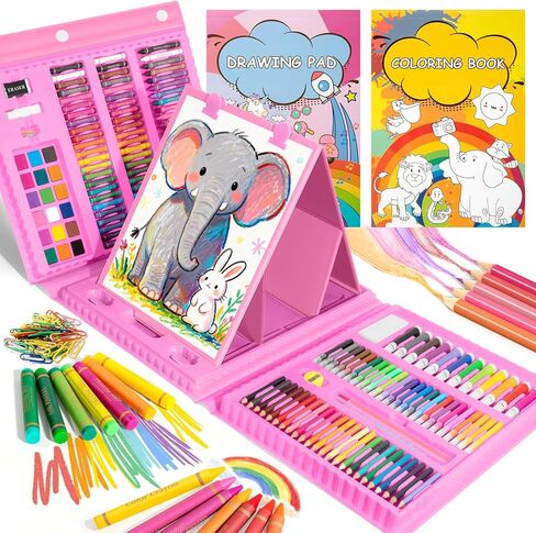 لوازم الفن من تيمارت، مجموعة رسم فنية مكونة من 210 قطعة، مجموعة هدايا فنية للأطفال مع حامل على الوجهين، لوازم فنية غير سامة للفتيات والفتيان، مجموعة رسم بألوان مائية، أقلام تلوين للفنانين الشباب - وردي in Kuwait