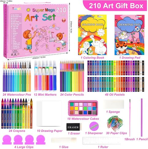 لوازم الفن من تيمارت، مجموعة رسم فنية مكونة من 210 قطعة، مجموعة هدايا فنية للأطفال مع حامل على الوجهين، لوازم فنية غير سامة للفتيات والفتيان، مجموعة رسم بألوان مائية، أقلام تلوين للفنانين الشباب - وردي in Kuwait