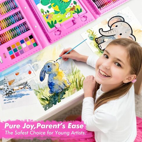 لوازم الفن من تيمارت، مجموعة رسم فنية مكونة من 210 قطعة، مجموعة هدايا فنية للأطفال مع حامل على الوجهين، لوازم فنية غير سامة للفتيات والفتيان، مجموعة رسم بألوان مائية، أقلام تلوين للفنانين الشباب - وردي in Kuwait