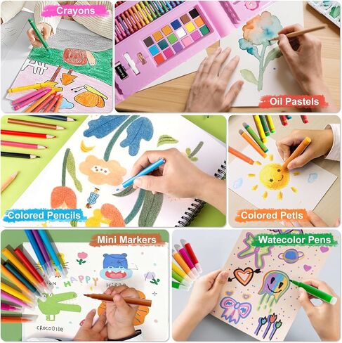 لوازم الفن من تيمارت، مجموعة رسم فنية مكونة من 210 قطعة، مجموعة هدايا فنية للأطفال مع حامل على الوجهين، لوازم فنية غير سامة للفتيات والفتيان، مجموعة رسم بألوان مائية، أقلام تلوين للفنانين الشباب - وردي in Kuwait