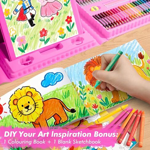 لوازم الفن من تيمارت، مجموعة رسم فنية مكونة من 210 قطعة، مجموعة هدايا فنية للأطفال مع حامل على الوجهين، لوازم فنية غير سامة للفتيات والفتيان، مجموعة رسم بألوان مائية، أقلام تلوين للفنانين الشباب - وردي in Kuwait