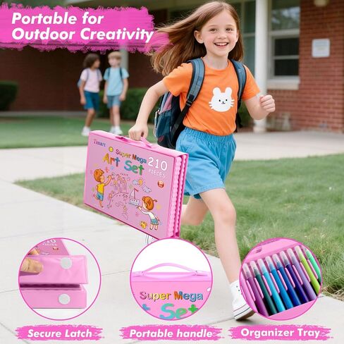 لوازم الفن من تيمارت، مجموعة رسم فنية مكونة من 210 قطعة، مجموعة هدايا فنية للأطفال مع حامل على الوجهين، لوازم فنية غير سامة للفتيات والفتيان، مجموعة رسم بألوان مائية، أقلام تلوين للفنانين الشباب - وردي in Kuwait