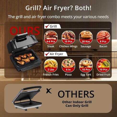 7-in-1 Indoor Grill & Air Fryer Combo with View Window, 1750W Electric Grill up to 450°F, Nonstick Removable Plates, Even Heating, Includes Silicone Tongs, 4QT Capacity in Saudi Arabia