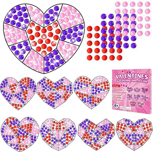 Qyeahkj 8 Pcs Valentine's Arts Crafts Kit DIY Heart Gems Diamond Suncatcher Crafts for Kids Valentines Gemstones Painting Gifts Exchange for Kids Aged 4 6 8 10 12 for Home School Party Decor in Saudi Arabia