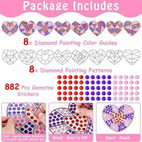 Qyeahkj 8 Pcs Valentine's Arts Crafts Kit DIY Heart Gems Diamond Suncatcher Crafts for Kids Valentines Gemstones Painting Gifts Exchange for Kids Aged 4 6 8 10 12 for Home School Party Decor in Saudi Arabia