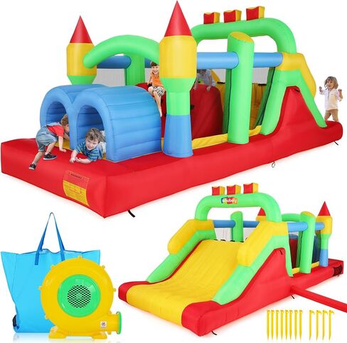 Whubefy Inflatable Bounce House Obstacle Course for Big Kids 3-6 8-12 with Large Slide, Racing Crawl Tunnels, Giant Bouncy Castle with 680W Blower for Backyard Outdoor 18.0x8.2x6.6 ft in Saudi Arabia