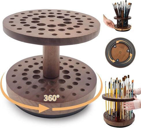 حامل فرشاة طلاء دوار بـ 52 فتحة، منظم وتخزين فرش طلاء الفنان يدور بسلاسة 360 درجة، رف تجفيف فرشاة فنية من الخشب الصلب لفرش الألوان المائية وفرش المكياج وأقلام الخط in Kuwait