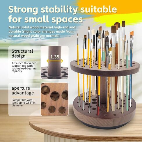 حامل فرشاة طلاء دوار بـ 52 فتحة، منظم وتخزين فرش طلاء الفنان يدور بسلاسة 360 درجة، رف تجفيف فرشاة فنية من الخشب الصلب لفرش الألوان المائية وفرش المكياج وأقلام الخط in Kuwait