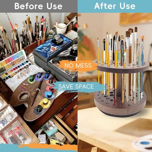 حامل فرشاة طلاء دوار بـ 52 فتحة، منظم وتخزين فرش طلاء الفنان يدور بسلاسة 360 درجة، رف تجفيف فرشاة فنية من الخشب الصلب لفرش الألوان المائية وفرش المكياج وأقلام الخط in Kuwait