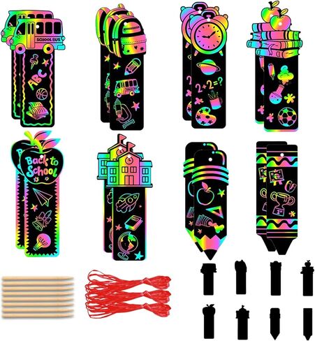 24 Pcs Welcome Back to School Scratch Paper Art Kit, Rainbow Magic Scratch Off Cards Apples Pencils Books Pattern DIY Drawing Paper for Classroom Activity First Day of School Gifts in Saudi Arabia