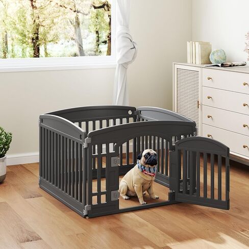 DUMOS Dog Playpen 4 لوحة 24 "قلم تمرين بلاستيكي مع باب جرو صغير، حيوانات أليفة للكلاب المتوسطة للخارج، حديقة، ساحة، تخييم RV - أسود in Kuwait