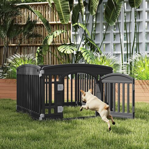 DUMOS Dog Playpen 4 لوحة 24 "قلم تمرين بلاستيكي مع باب جرو صغير، حيوانات أليفة للكلاب المتوسطة للخارج، حديقة، ساحة، تخييم RV - أسود in Kuwait