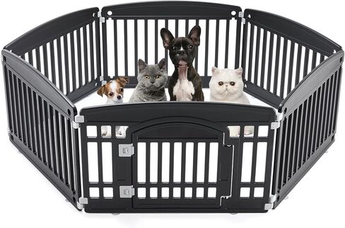 DUMOS Dog Playpen 4 لوحة 24 "قلم تمرين بلاستيكي مع باب جرو صغير، حيوانات أليفة للكلاب المتوسطة للخارج، حديقة، ساحة، تخييم RV - أسود in Kuwait