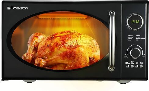 Emerson MWRG0901BK-A 0.9 Cu. Ft. Retro Microwave with 1,000W Grill Function, 800W Cooking Power, LED Display, 5 Power Levels, 8 Auto Menus, Glass Turntable, Child Lock, Black Countertop Design in Kuwait