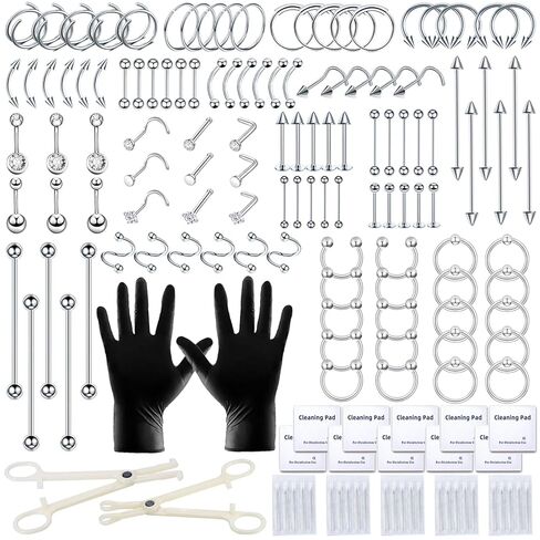 Tustrion 153Pcs Piercing Kits for all Piercings Professional with Piercing Jewelry and Tools for Nose Septum Belly Button Lip Ear Tongue Cartilage Eyebrow and More with 12G, 14G, 16G and 20G Piercing Needles in Saudi Arabia