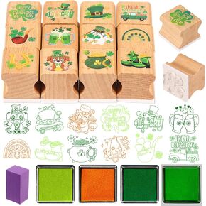HOWAF 12pcs St. Patrick's Day Stamps Crafts St. Patrick's Day Lucky Clover Shamrock Wooden Stamps Ink Pads Set, Irish Green Party Card DIY Painting Scrapbooking Spring Crafts Gifts Activities in Kuwait