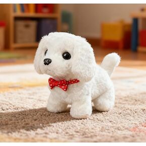 لعبة إلكترونية تفاعلية للكلاب، جرو أبيض من القطيفة مع ذيل هزاز، ميزات الغناء والمشي والنباح، ربطة عنق حمراء، لعبة حيوانات أليفة للأطفال in Kuwait