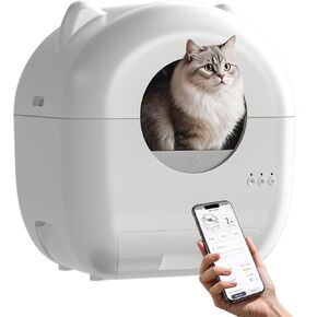 صندوق فضلات القطط الأوتوماتيكي، صندوق فضلات القطط ذاتي التنظيف للقطط المتعددة بسعة كبيرة، مستشعر أمان يتحكم فيه التطبيق، التخلص من النفايات بدون رائحة، 1 لفة من أكياس القمامة، أبيض (أبيض-1.0) in Kuwait