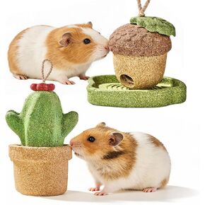 2 Pack Guinea Pig Chew Toys Natural Rabbit Chew Toys Hamster Molar Teeth Toys, Made with Natural Timothy Grass & Vegetables, Mushroom & Tree Shaped Habitat Decoration, Small Animal Toys in Kuwait