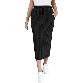 Women's Midi Skirt Fall Elastic High Waisted Casual Stretchy Skirts with Pockets in Saudi Arabia