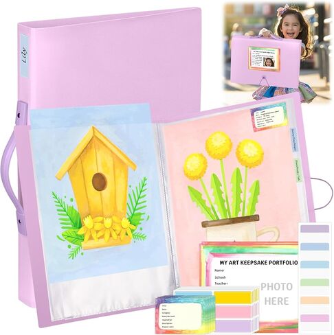 A3 Kids Art Portfolio Storage K-12 مجلد تخزين الأعمال الفنية مقاس 11 × 16 بوصة مع 40 ورقة شفافة لحماية PI وعلامة التبويب وملصقات الأسماء، مجلد محفظة فنية مع مقبض لملصق سجل القصاصات الفني التذكاري in Kuwait