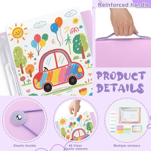 A3 Kids Art Portfolio Storage K-12 مجلد تخزين الأعمال الفنية مقاس 11 × 16 بوصة مع 40 ورقة شفافة لحماية PI وعلامة التبويب وملصقات الأسماء، مجلد محفظة فنية مع مقبض لملصق سجل القصاصات الفني التذكاري in Kuwait