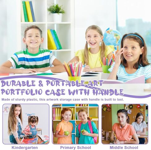 A3 Kids Art Portfolio Storage K-12 مجلد تخزين الأعمال الفنية مقاس 11 × 16 بوصة مع 40 ورقة شفافة لحماية PI وعلامة التبويب وملصقات الأسماء، مجلد محفظة فنية مع مقبض لملصق سجل القصاصات الفني التذكاري in Kuwait